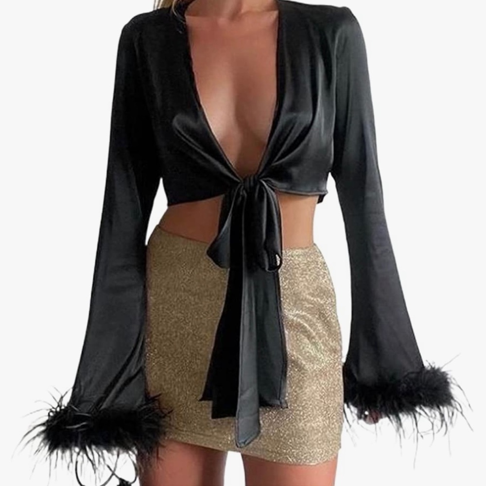 Satin Shirt Feather Trim Sleeve